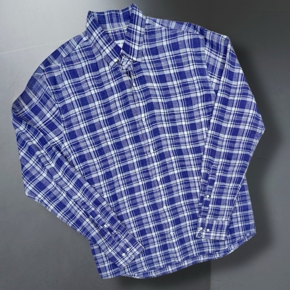 Peter Millar 100% Linen Shirt L Beach Bluff Plaid MS23W76LUF Blue White